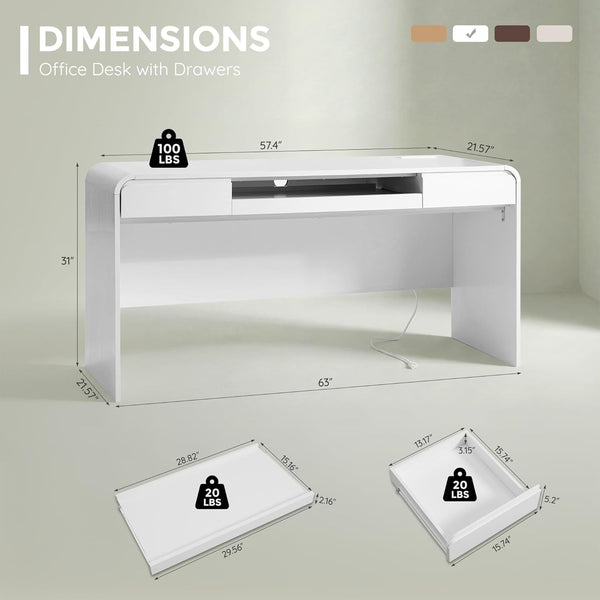 63Inch White Integrated Curved Desk With Cable Management
